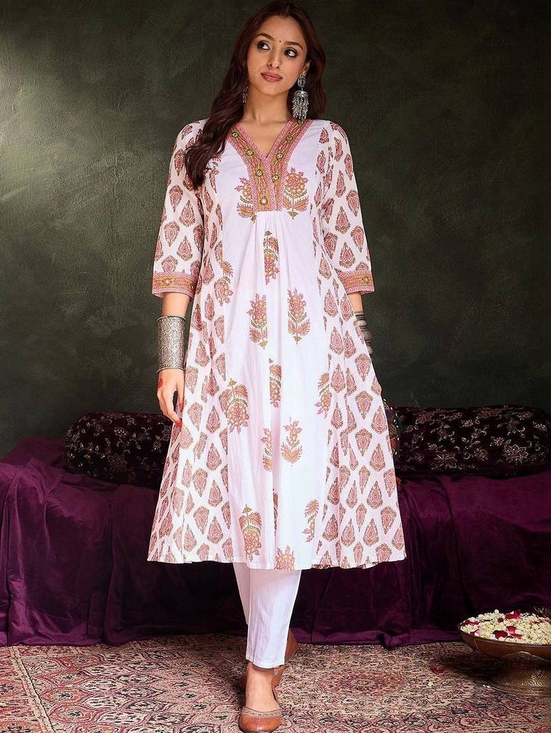 Floral Printed Panelled Pure Cotton A-Line Kurta With Trousers