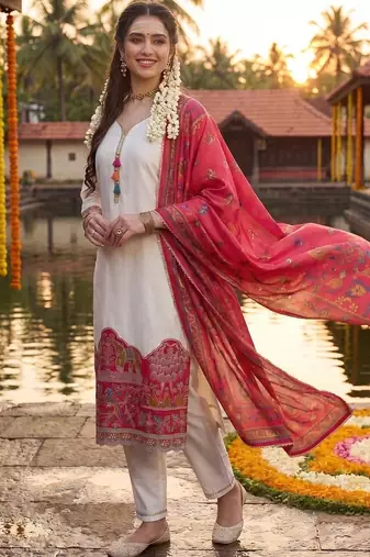 Women Ethnic Motifs Embroidered Regular Thread Work Kurta with Trousers & With Dupatta