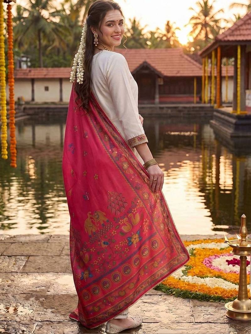 Women Ethnic Motifs Embroidered Regular Thread Work Kurta with Trousers & With Dupatta