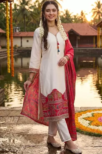 Women Ethnic Motifs Embroidered Regular Thread Work Kurta with Trousers & With Dupatta