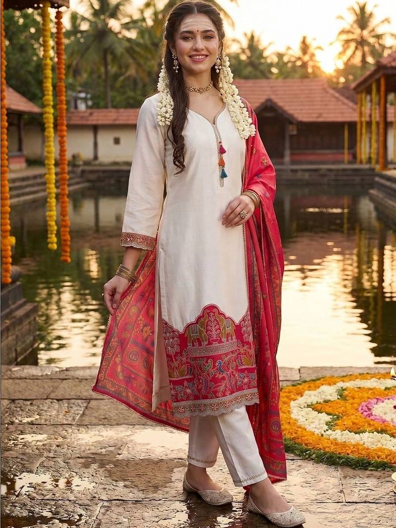 Women Ethnic Motifs Embroidered Regular Thread Work Kurta with Trousers & With Dupatta