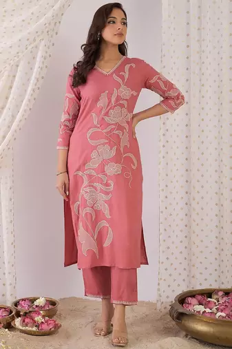 Floral Embroidered Regular Thread Work Kurta with Trousers