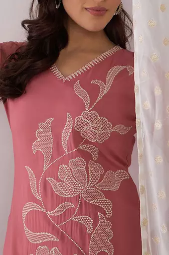 Floral Embroidered Regular Thread Work Kurta with Trousers