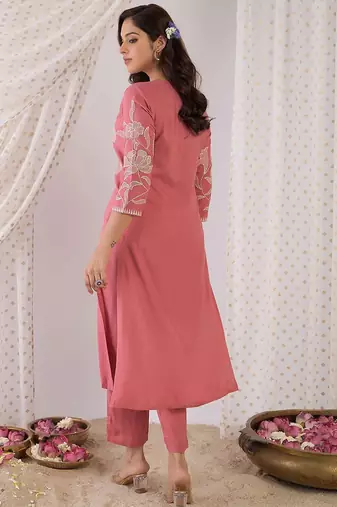 Floral Embroidered Regular Thread Work Kurta with Trousers