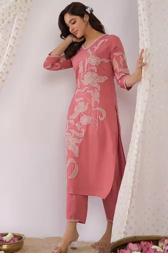 Floral Embroidered Regular Thread Work Kurta with Trousers