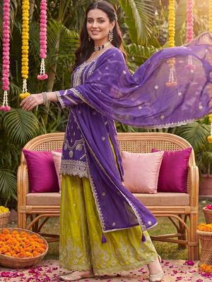 Women Ethnic Motifs Embroidered Regular Thread Work Kurta with Sharara & With Dupatta 1