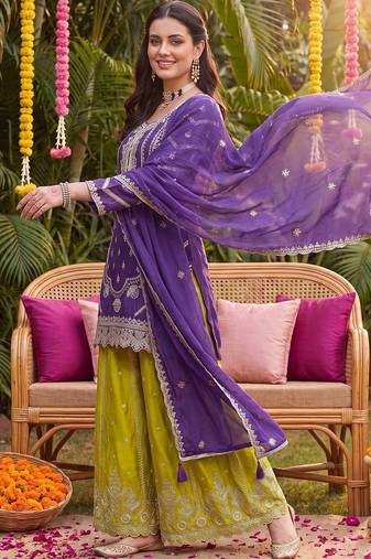 Women Ethnic Motifs Embroidered Regular Thread Work Kurta with Sharara & With Dupatta
