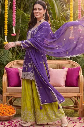 Women Ethnic Motifs Embroidered Regular Thread Work Kurta with Sharara & With Dupatta