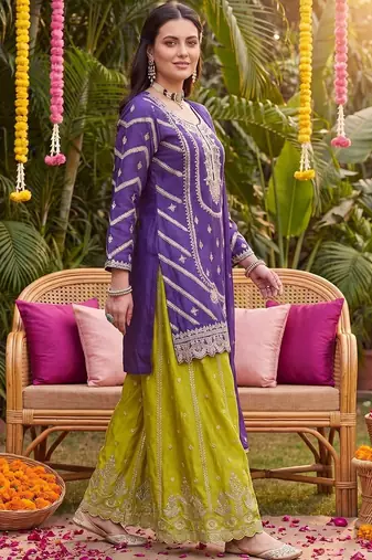 Women Ethnic Motifs Embroidered Regular Thread Work Kurta with Sharara & With Dupatta