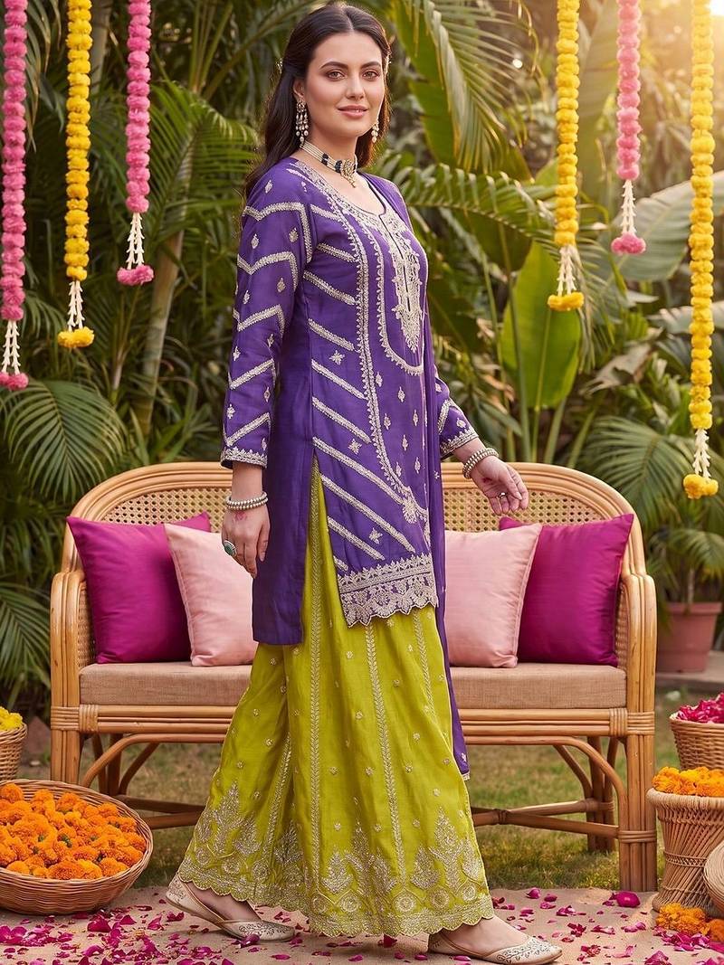 Women Ethnic Motifs Embroidered Regular Thread Work Kurta with Sharara & With Dupatta