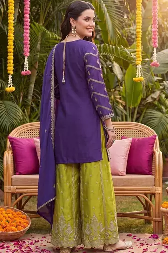 Women Ethnic Motifs Embroidered Regular Thread Work Kurta with Sharara & With Dupatta