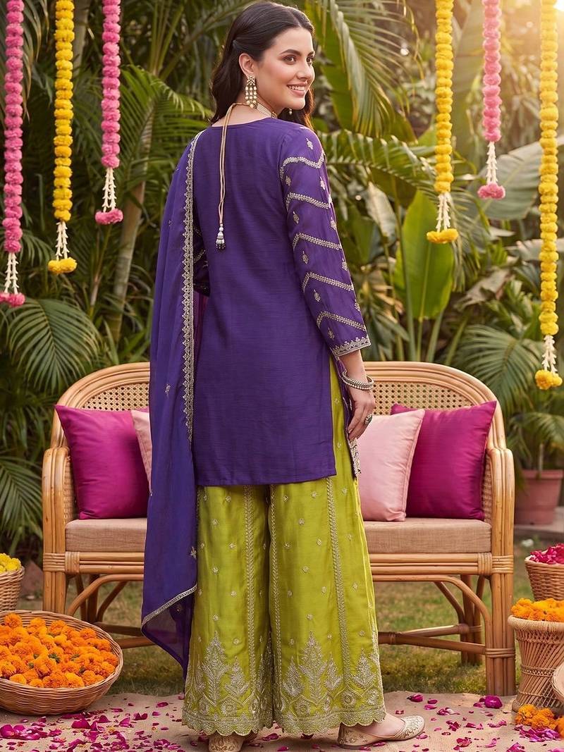 Women Ethnic Motifs Embroidered Regular Thread Work Kurta with Sharara & With Dupatta