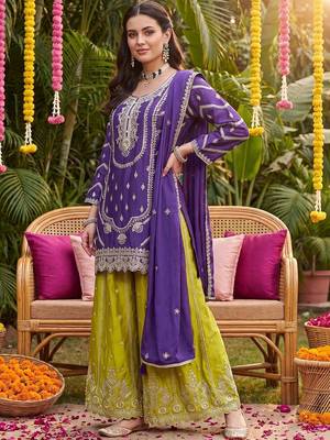 Women Ethnic Motifs Embroidered Regular Thread Work Kurta with Sharara & With Dupatta 6