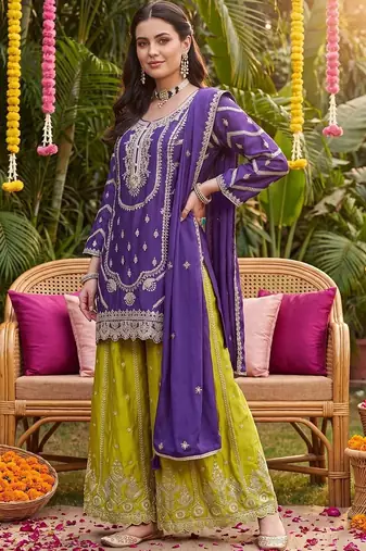 Women Ethnic Motifs Embroidered Regular Thread Work Kurta with Sharara & With Dupatta