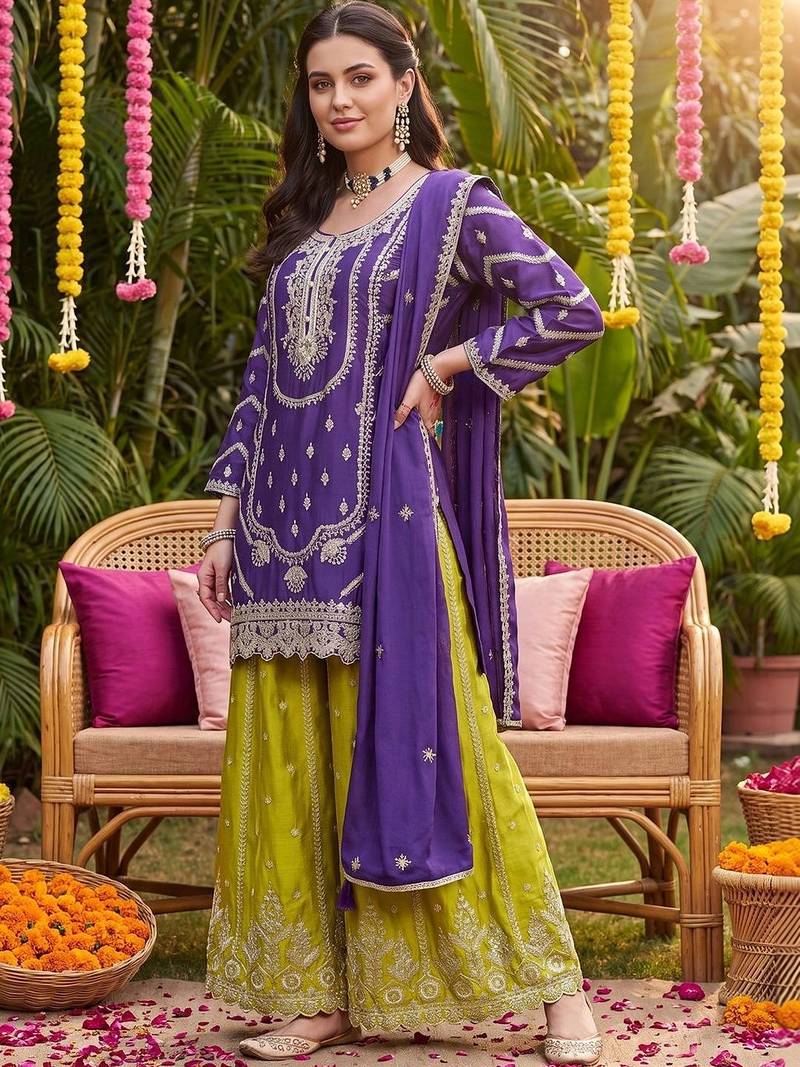 Women Ethnic Motifs Embroidered Regular Thread Work Kurta with Sharara & With Dupatta
