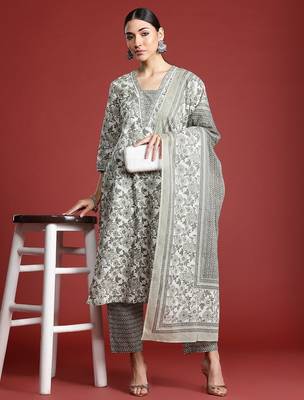 Women Floral Printed Pure Cotton Kurta with Trousers & With Dupatta 1