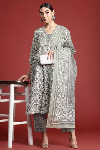 Women Floral Printed Pure Cotton Kurta with Trousers & With Dupatta