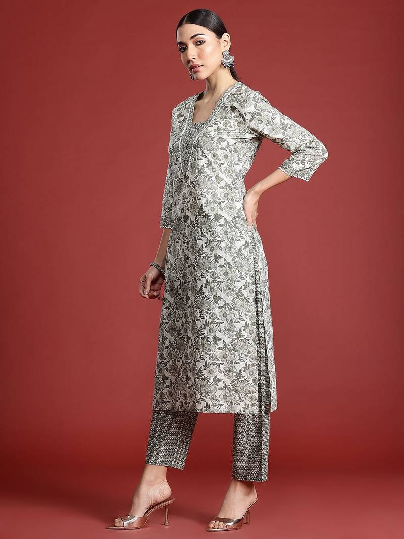 Women Floral Printed Pure Cotton Kurta with Trousers & With Dupatta