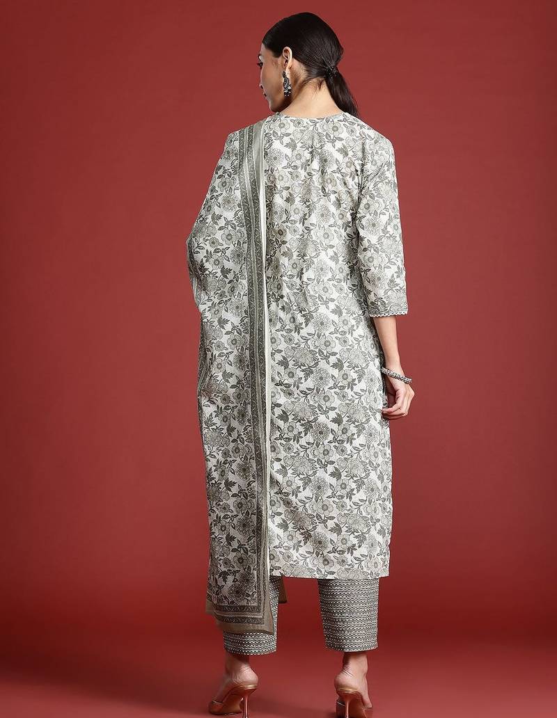 Women Floral Printed Pure Cotton Kurta with Trousers & With Dupatta