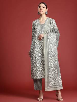 Women Floral Printed Pure Cotton Kurta with Trousers & With Dupatta 7
