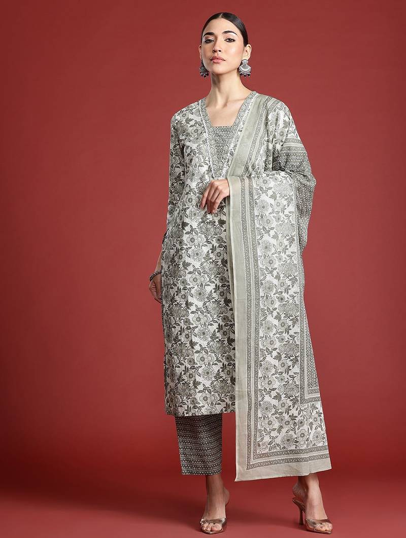 Women Floral Printed Pure Cotton Kurta with Trousers & With Dupatta