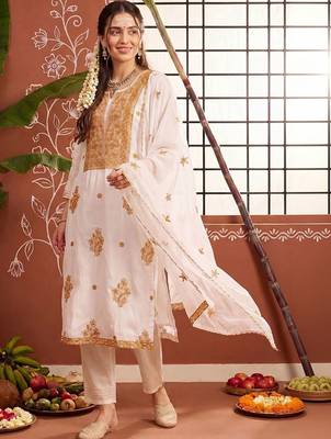 Women Ethnic Motifs Embroidered Regular Thread Work Kurta with Trousers & With Dupatta 1