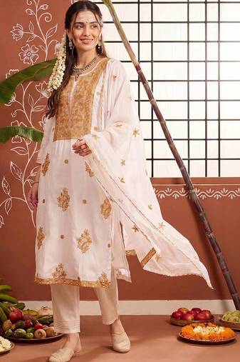 Women Ethnic Motifs Embroidered Regular Thread Work Kurta with Trousers & With Dupatta
