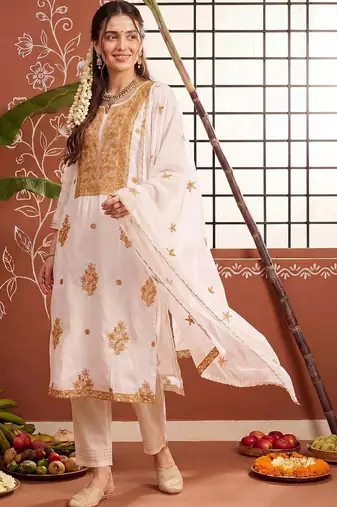 Women Ethnic Motifs Embroidered Regular Thread Work Kurta with Trousers & With Dupatta