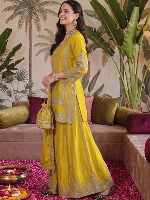 Women Ethnic Motifs Embroidered Regular Thread Work Kurta with Sharara & With Dupatta 1