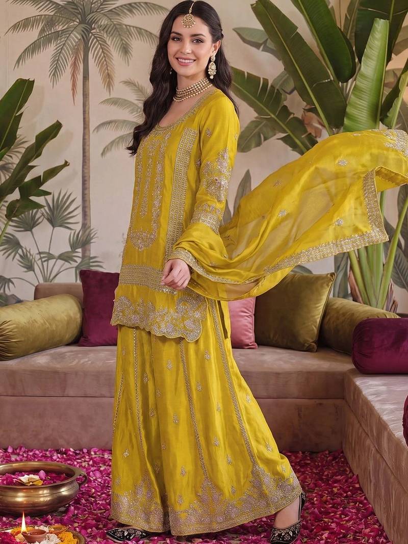 Women Ethnic Motifs Embroidered Regular Thread Work Kurta with Sharara & With Dupatta