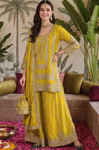 Women Ethnic Motifs Embroidered Regular Thread Work Kurta with Sharara & With Dupatta