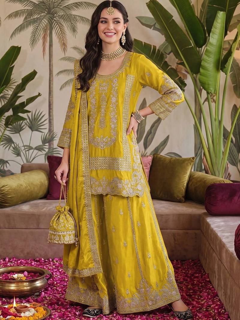 Women Ethnic Motifs Embroidered Regular Thread Work Kurta with Sharara & With Dupatta