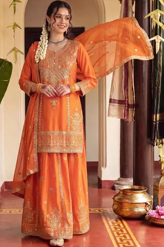 Women Ethnic Motifs Embroidered Regular Kurta with Sharara & With Dupatta