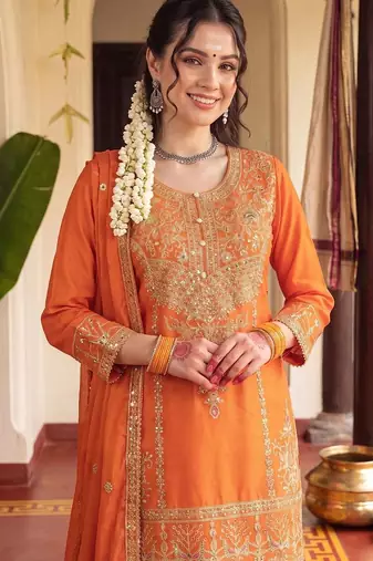 Women Ethnic Motifs Embroidered Regular Kurta with Sharara & With Dupatta