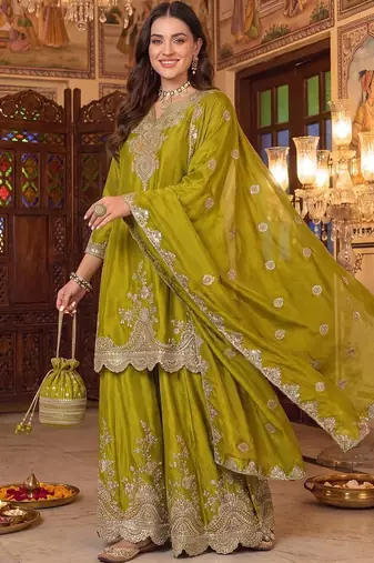 Women Ethnic Motifs Embroidered Regular Kurta with Sharara & With Dupatta