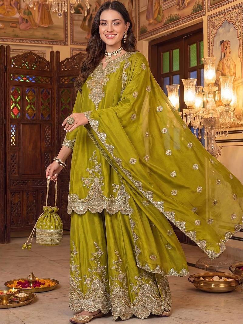 Women Ethnic Motifs Embroidered Regular Kurta with Sharara & With Dupatta