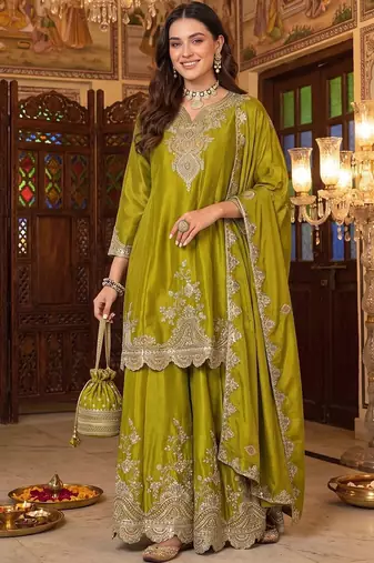 Women Ethnic Motifs Embroidered Regular Kurta with Sharara & With Dupatta