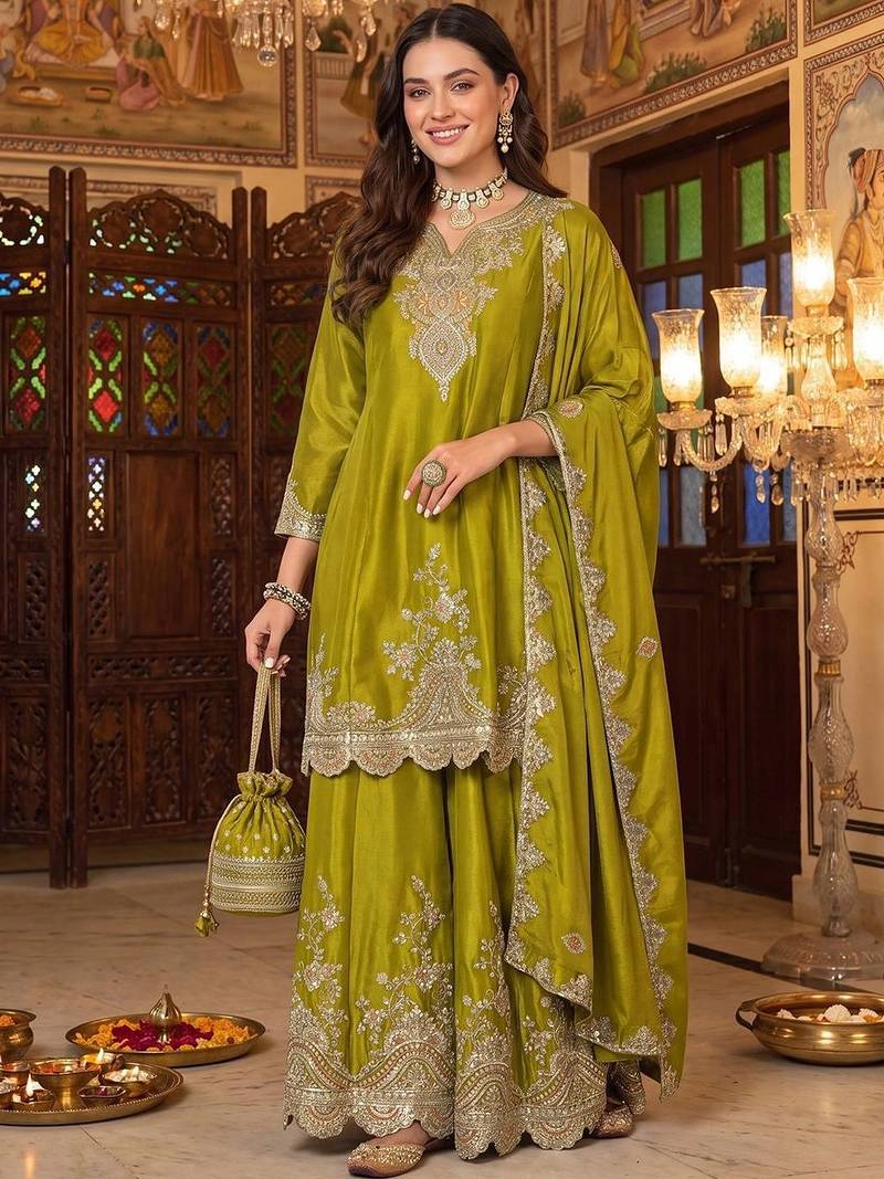 Women Ethnic Motifs Embroidered Regular Kurta with Sharara & With Dupatta