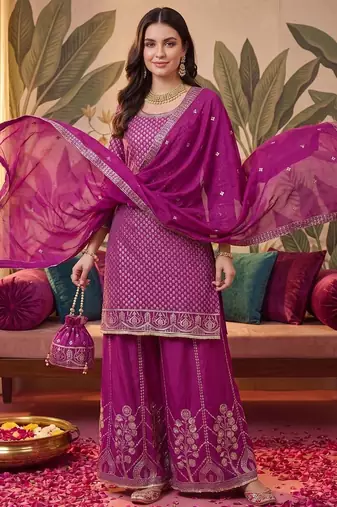 Women Ethnic Motifs Regular Thread Work Kurta with Sharara & With Dupatta
