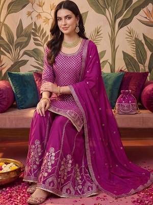 Women Ethnic Motifs Regular Thread Work Kurta with Sharara & With Dupatta 5