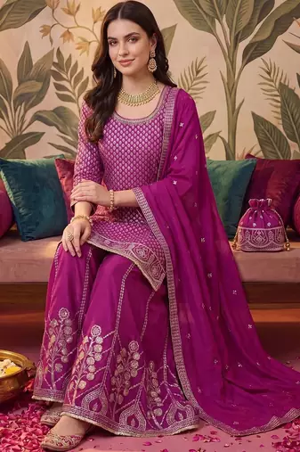 Women Ethnic Motifs Regular Thread Work Kurta with Sharara & With Dupatta