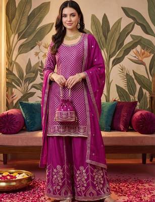 Women Ethnic Motifs Regular Thread Work Kurta with Sharara & With Dupatta 6