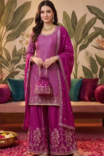 Women Ethnic Motifs Regular Thread Work Kurta with Sharara & With Dupatta