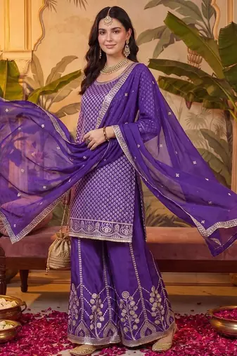 Women Ethnic Motifs Regular Kurta with Sharara & With Dupatta