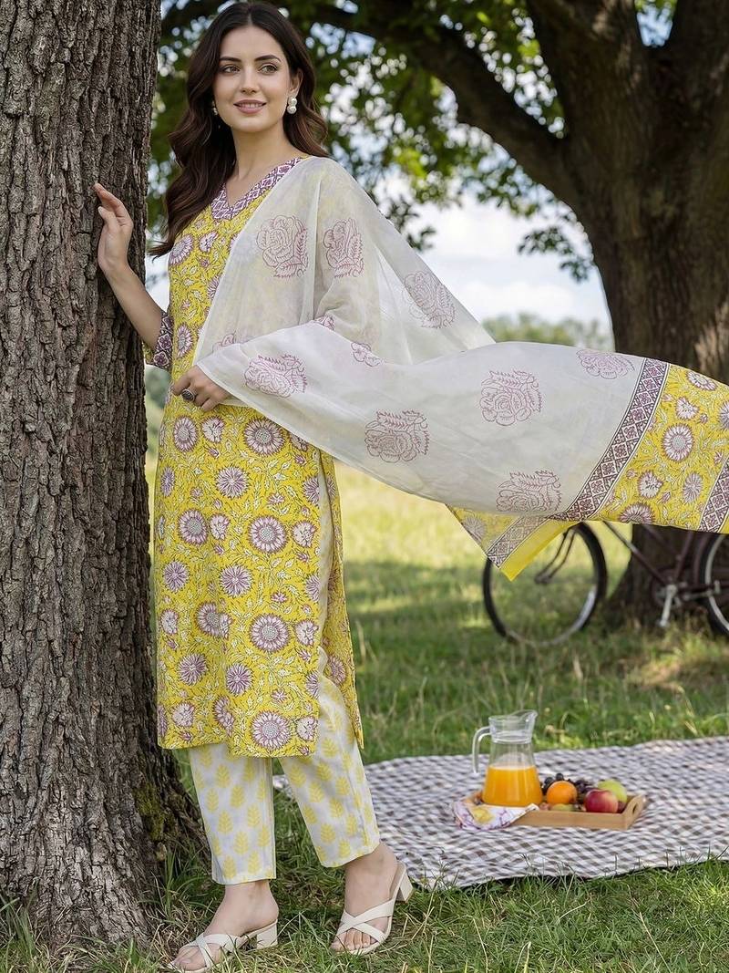 Women Floral Printed Regular Pure Cotton Kurta with Trousers & With Dupatta
