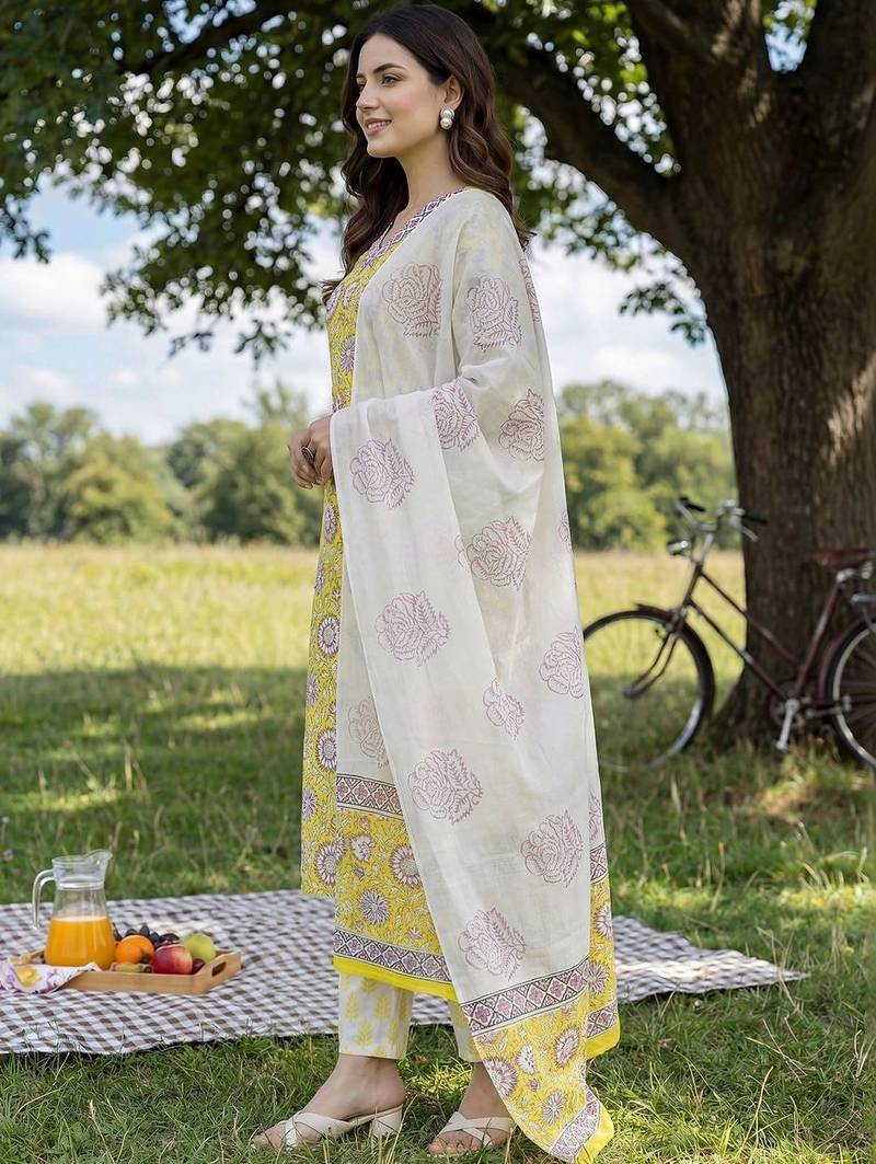 Women Floral Printed Regular Pure Cotton Kurta with Trousers & With Dupatta