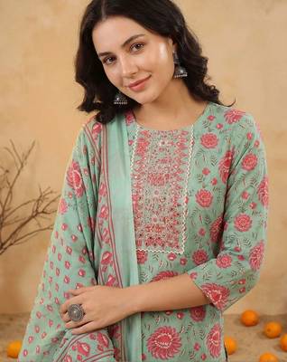 Women Floral Printed Regular Mirror Work Kurta with Trousers & With Dupatta 1