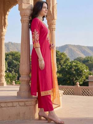 Women Ethnic Motifs Embroidered Regular Thread Work Kurta with Trousers & With Dupatta 1