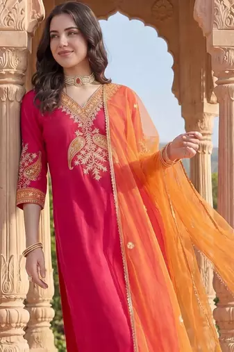 Women Ethnic Motifs Embroidered Regular Thread Work Kurta with Trousers & With Dupatta