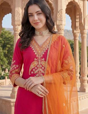 Women Ethnic Motifs Embroidered Regular Thread Work Kurta with Trousers & With Dupatta 3